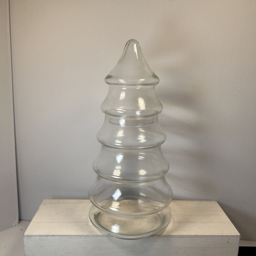 Vintage Clear Glass Christmas Tree Candy Jar Apothecary 10.5"Lx5"W Holiday w/lid